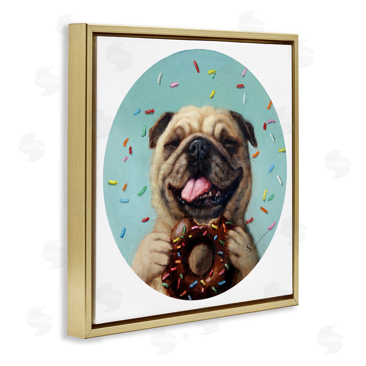 Lucia Heffernan Happy Pug With Sprinkle Donut Pet Dog Gold Floating Frame Canvas Wall Art Print