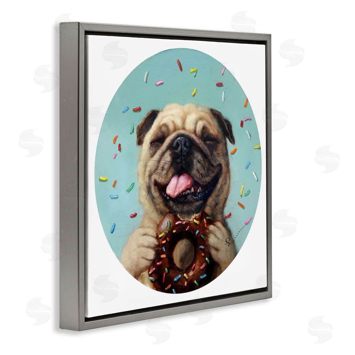 Lucia Heffernan Happy Pug With Sprinkle Donut Pet Dog Gray Floating Frame Canvas Wall Art Print