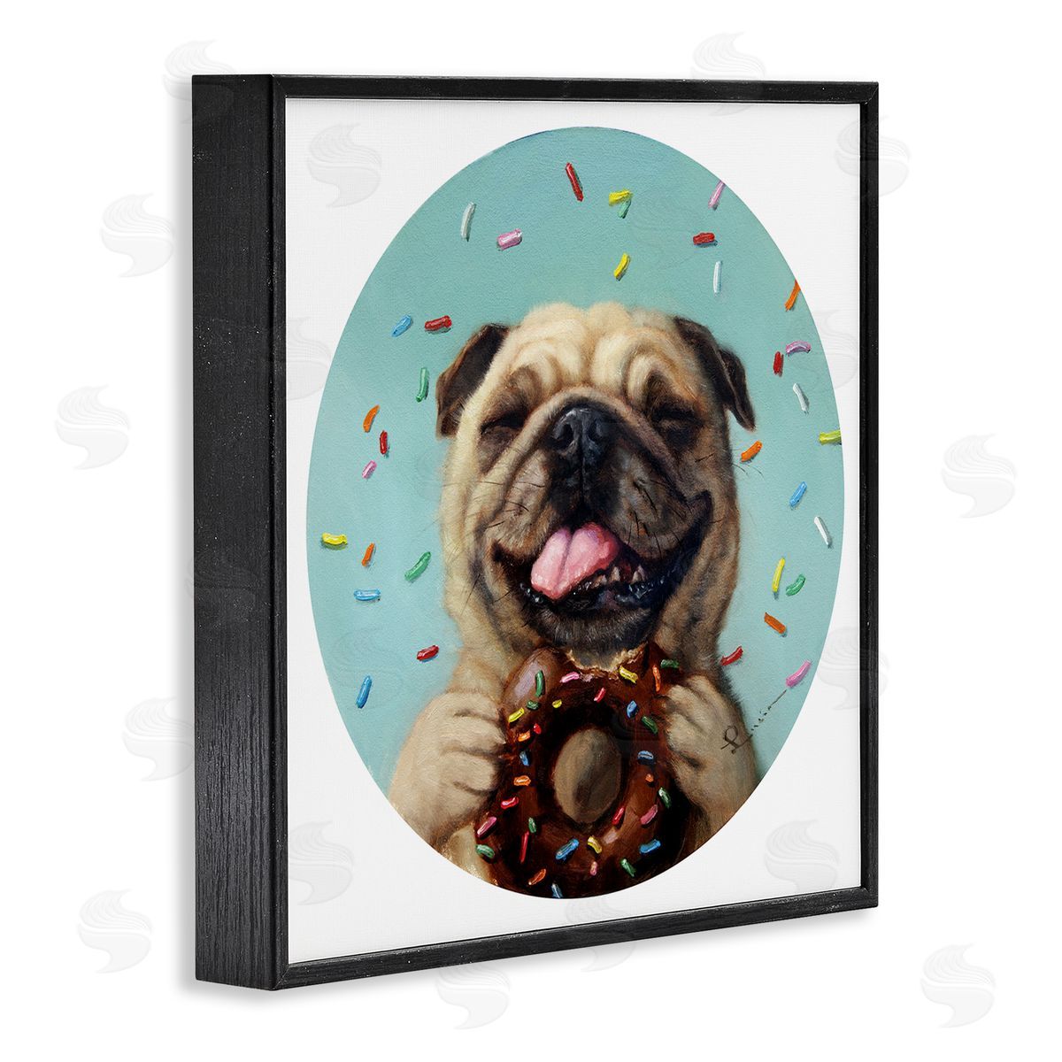Lucia Heffernan Happy Pug With Sprinkle Donut Pet Dog Black Framed Glicee Wall Art Print