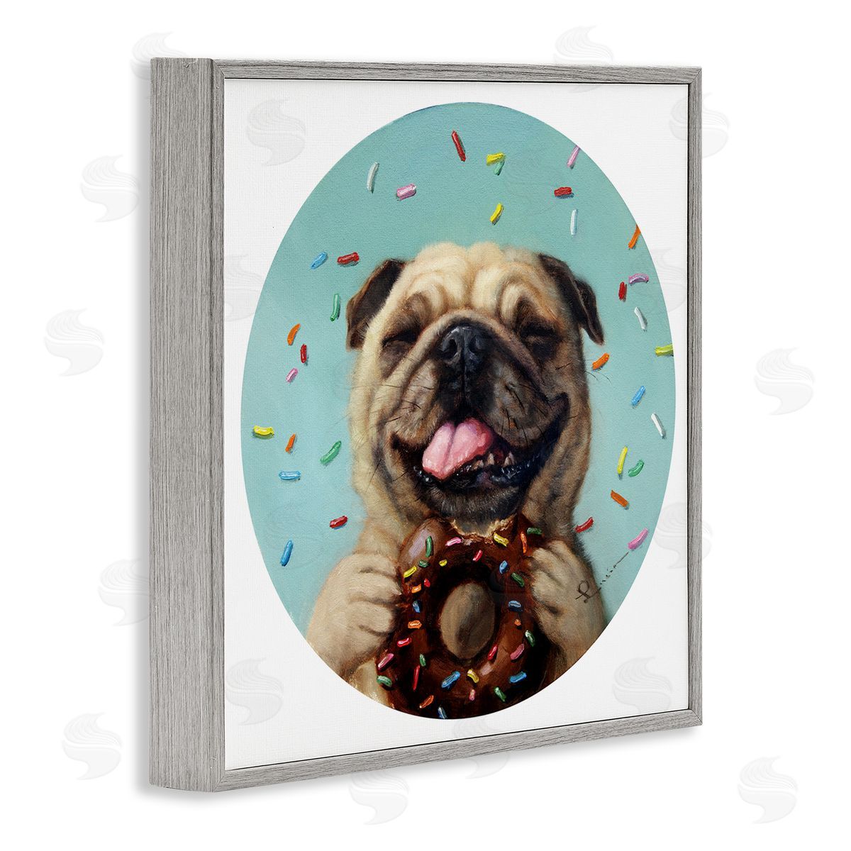 Lucia Heffernan Happy Pug With Sprinkle Donut Pet Dog Gray Framed Glicee Wall Art Print