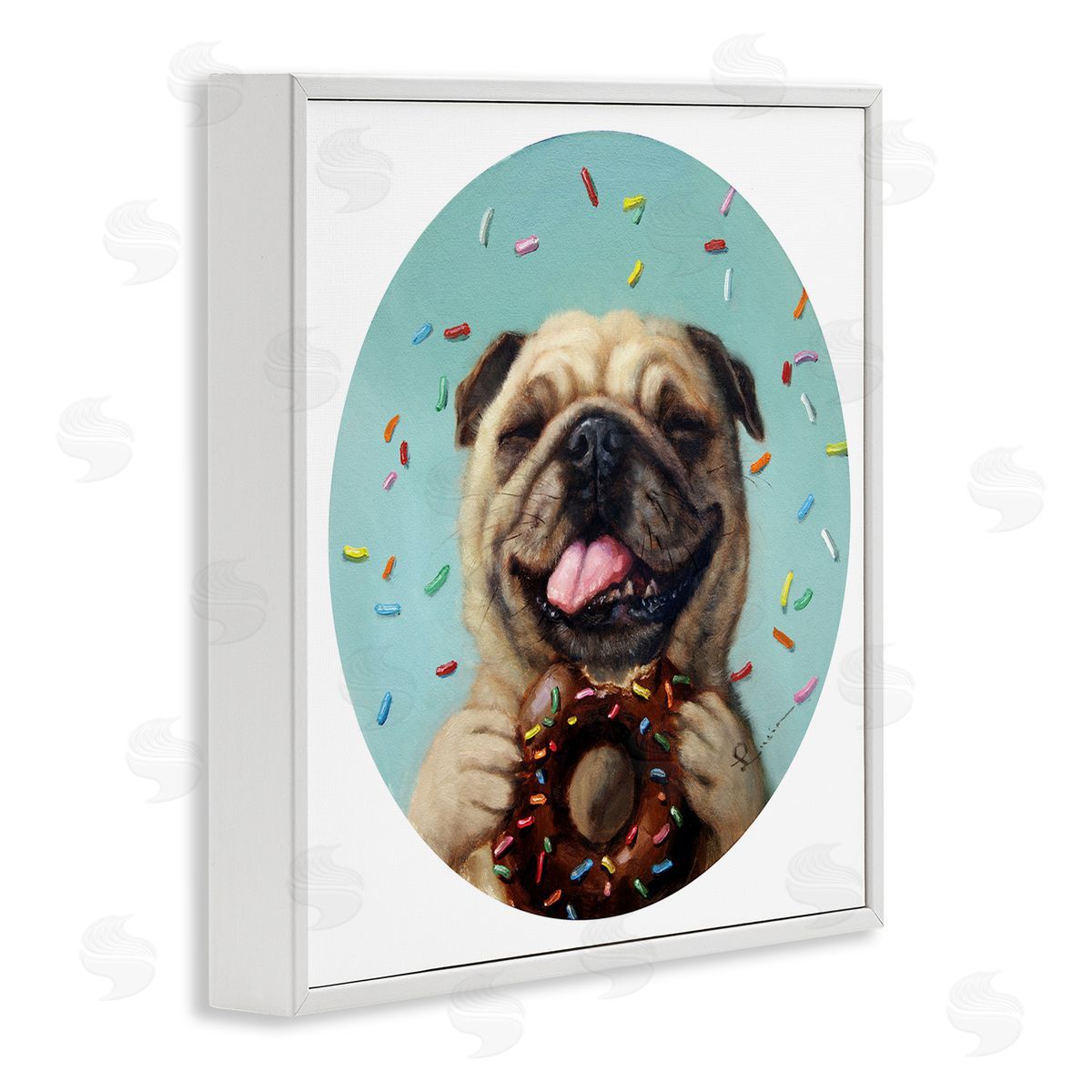 Lucia Heffernan Happy Pug With Sprinkle Donut Pet Dog White Framed Glicee Wall Art Print