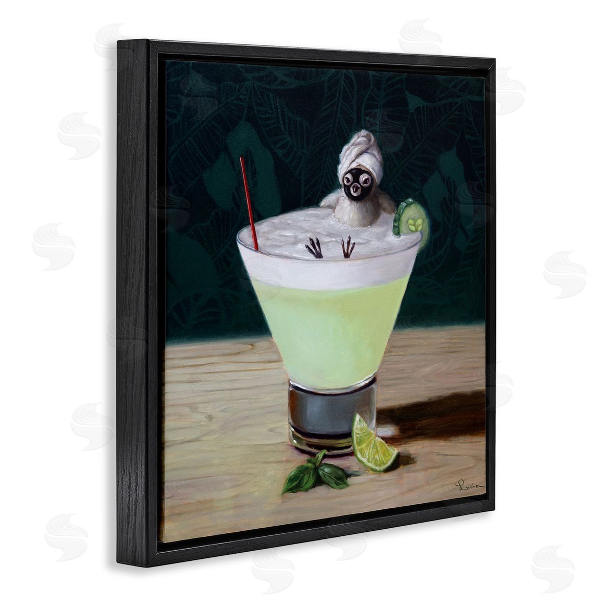 Lucia Heffernan Bird Bathing in Cucumber Martini Funny Animal Black Floating Frame Canvas Wall Art Print