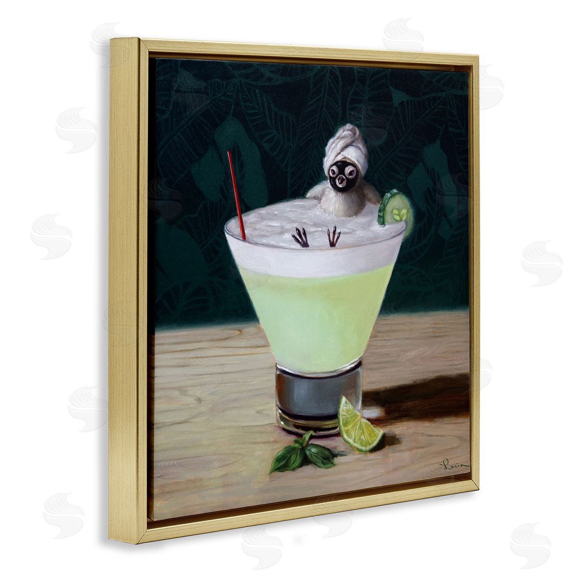 Lucia Heffernan Bird Bathing in Cucumber Martini Funny Animal Gold Floating Frame Canvas Wall Art Print
