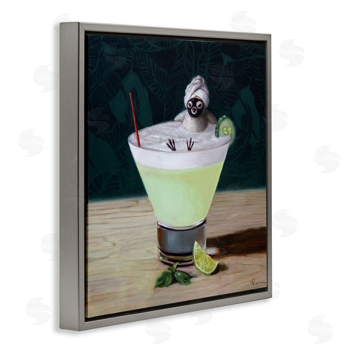Lucia Heffernan Bird Bathing in Cucumber Martini Funny Animal Gray Floating Frame Canvas Wall Art Print