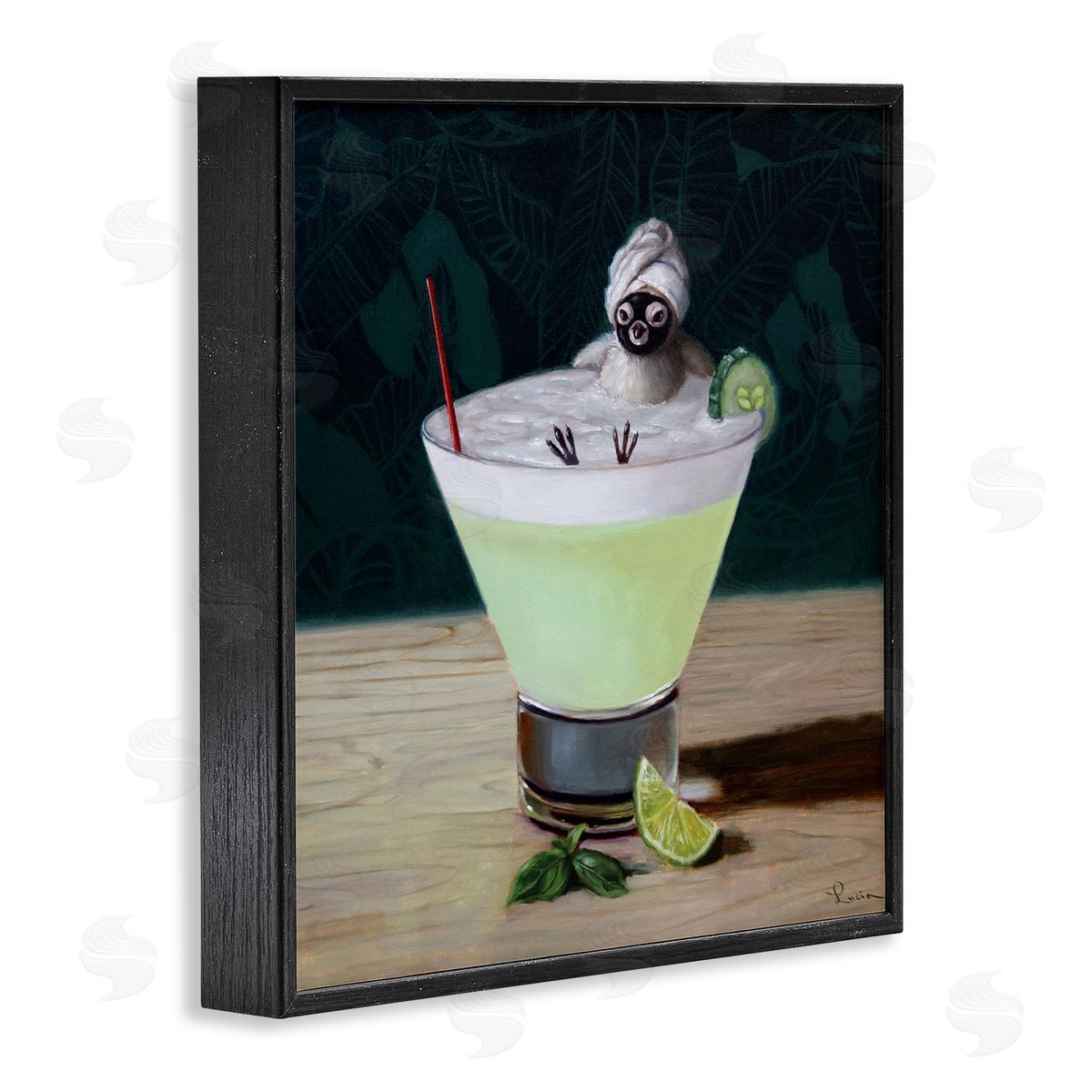Lucia Heffernan Bird Bathing in Cucumber Martini Funny Animal Black Framed Glicee Wall Art Print