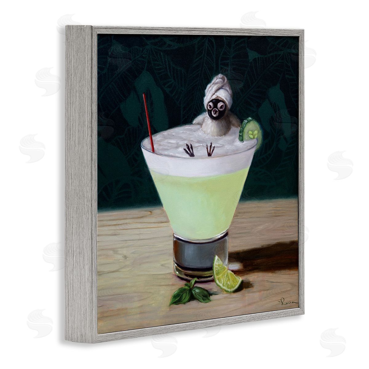 Lucia Heffernan Bird Bathing in Cucumber Martini Funny Animal Gray Framed Glicee Wall Art Print