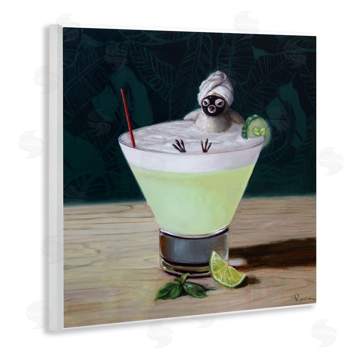 Lucia Heffernan Bird Bathing in Cucumber Martini Funny Animal Wooden Wall Plaque Art Print
