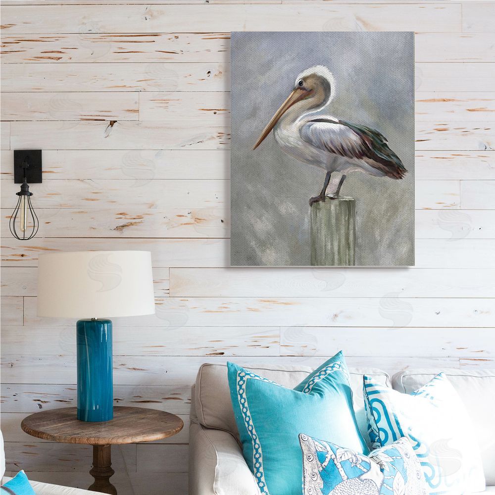 Heather Hayes Pelican Resting on Wooden Pillar Soft Grey