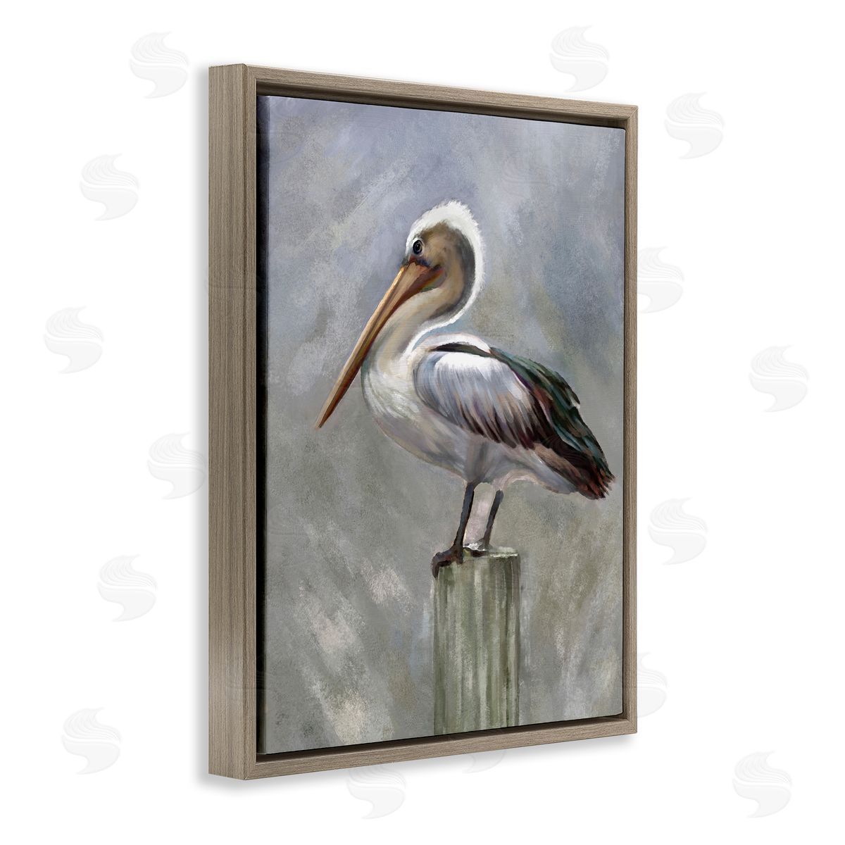 Heather Hayes Pelican Resting on Wooden Pillar Soft Grey