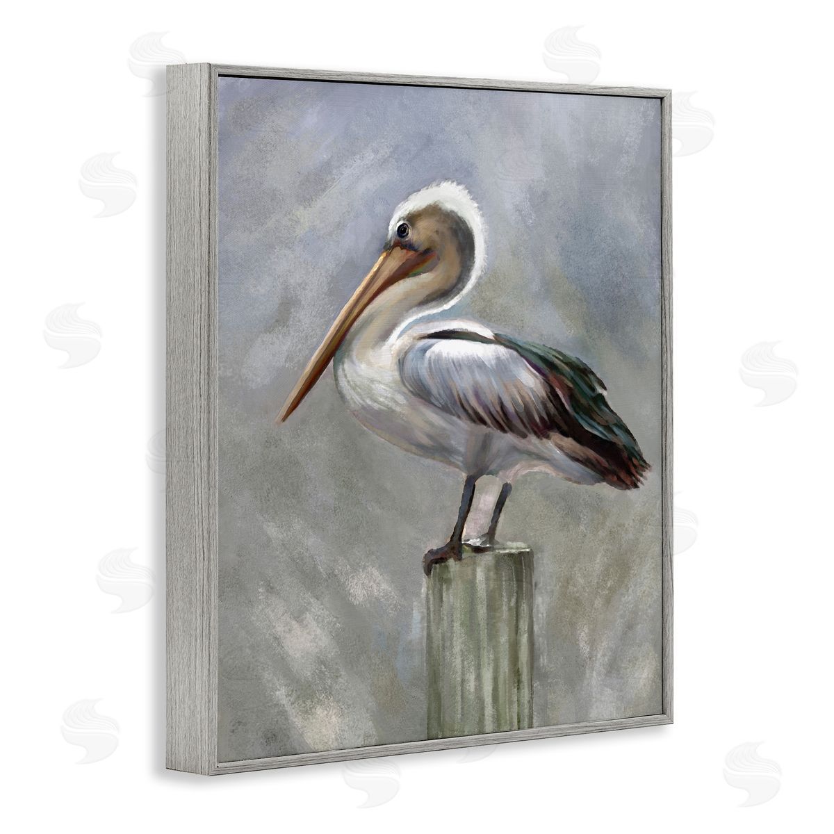 Heather Hayes Pelican Resting on Wooden Pillar Soft Grey