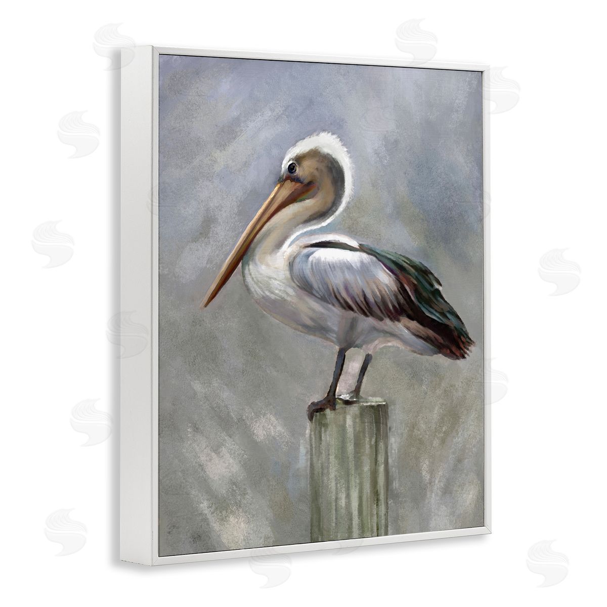 Heather Hayes Pelican Resting on Wooden Pillar Soft Grey