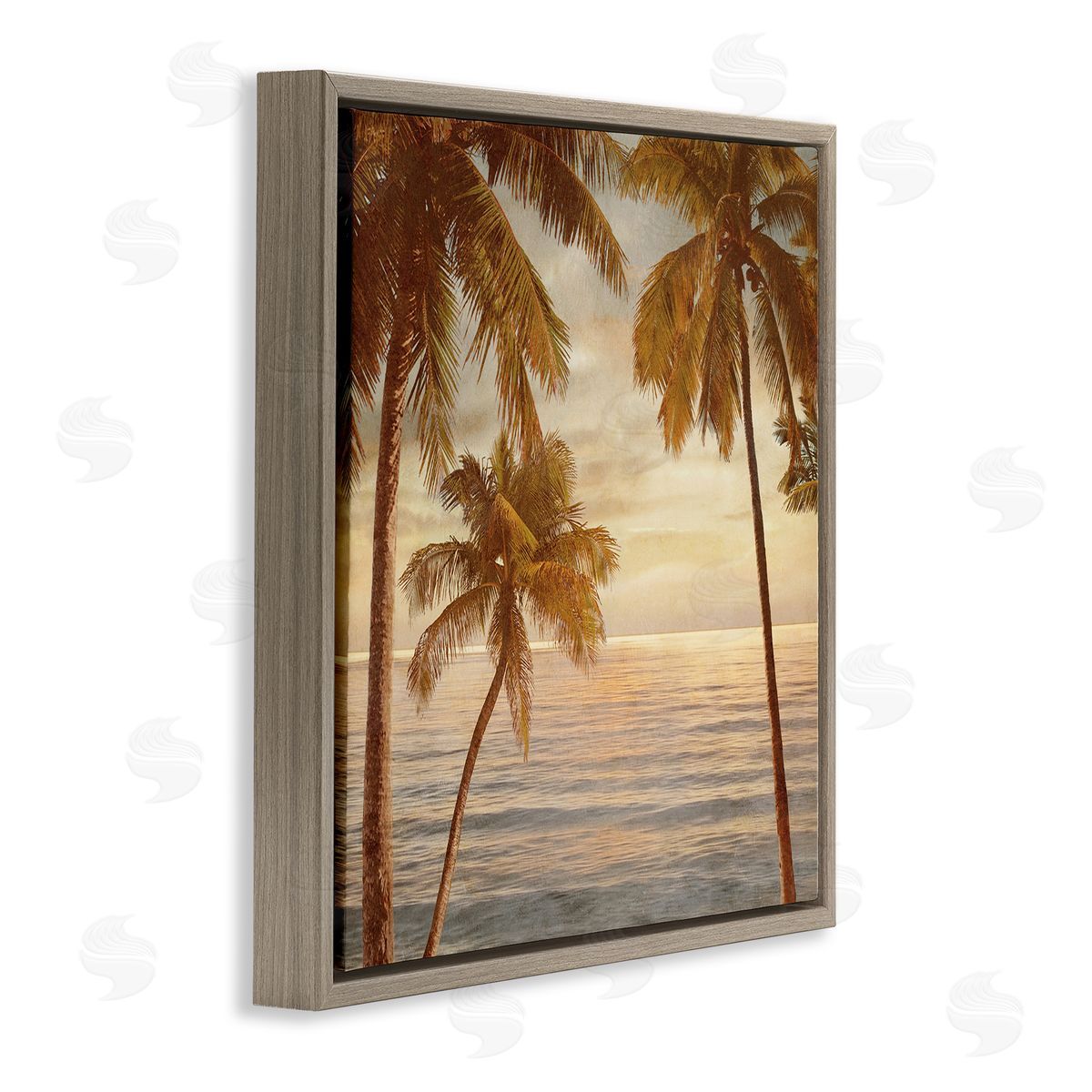 John Seba Palm Trees by Ocean Nautical Sunset Sky Brown Floating Frame Canvas Wall Art Print