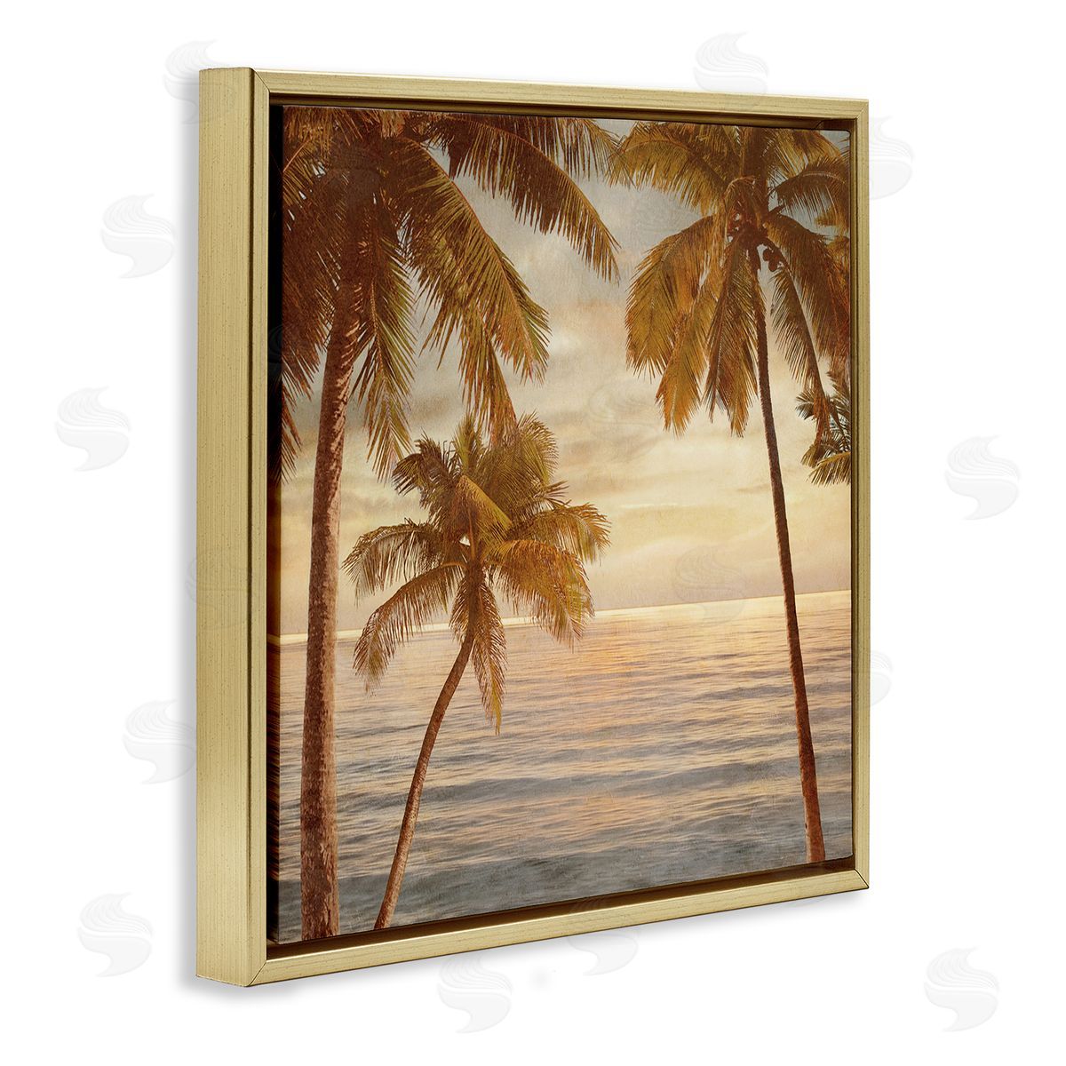 John Seba Palm Trees by Ocean Nautical Sunset Sky Gold Floating Frame Canvas Wall Art Print