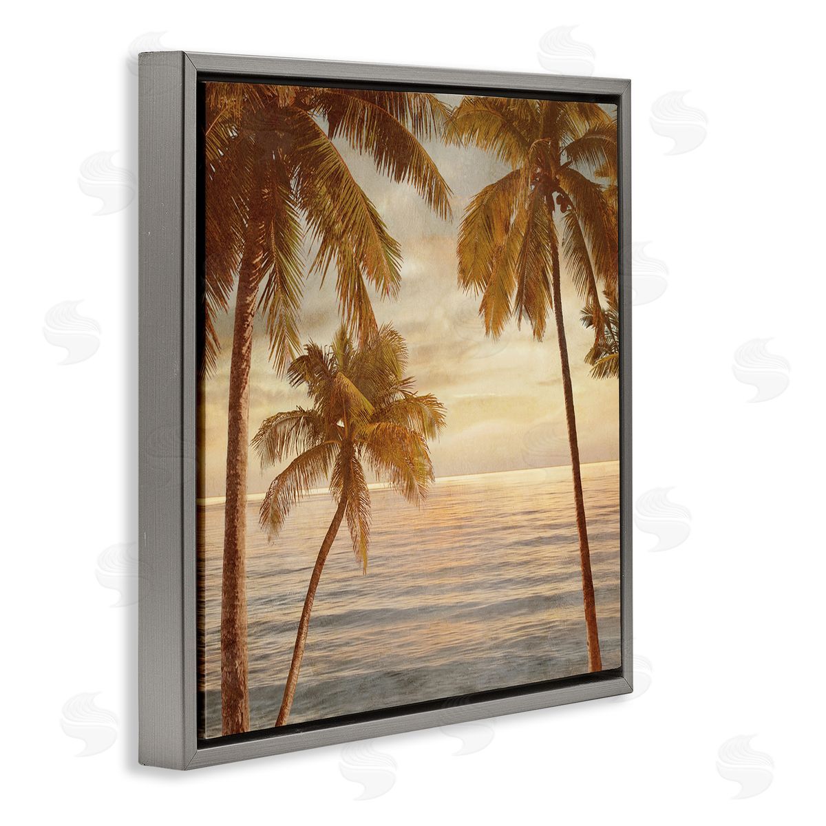 John Seba Palm Trees by Ocean Nautical Sunset Sky Gray Floating Frame Canvas Wall Art Print