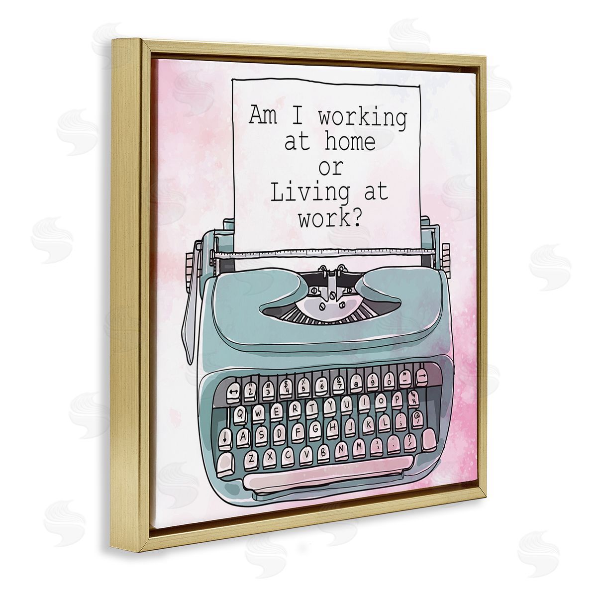 Kim Allen Working at Home Phrase Sassy Typewriter Over Pink Gold Floating Frame Canvas Wall Art Print