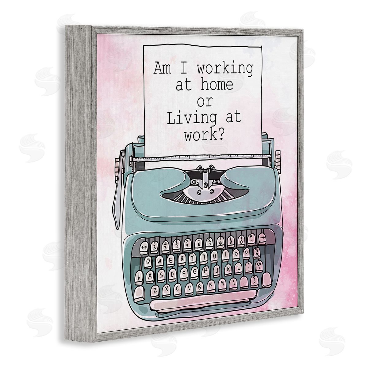 Kim Allen Working at Home Phrase Sassy Typewriter Over Pink Gray Framed Glicee Wall Art Print