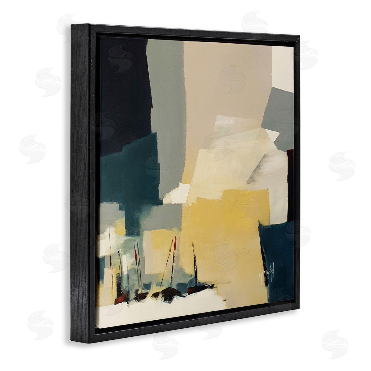 Fanou Montel Chaotic After Storm Inspired Abstraction Blue Yellow Black Floating Frame Canvas Wall Art Print