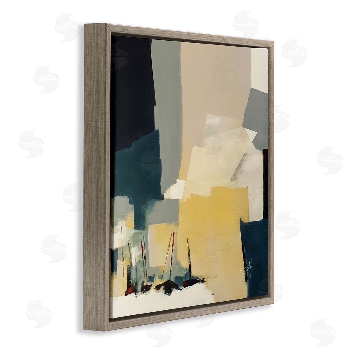 Fanou Montel Chaotic After Storm Inspired Abstraction Blue Yellow Brown Floating Frame Canvas Wall Art Print