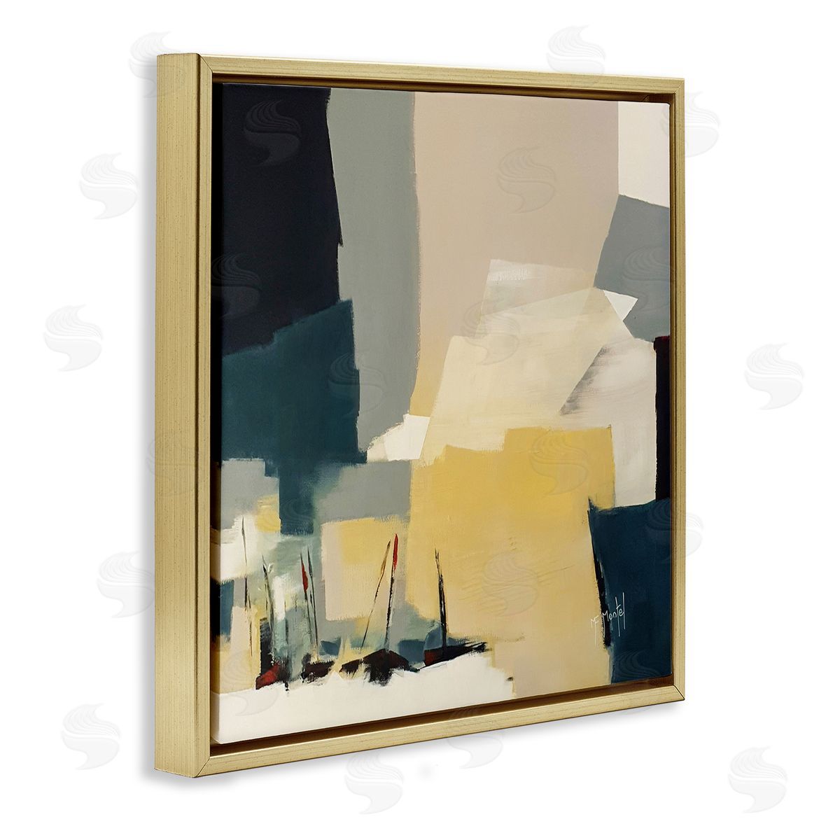 Fanou Montel Chaotic After Storm Inspired Abstraction Blue Yellow Gold Floating Frame Canvas Wall Art Print