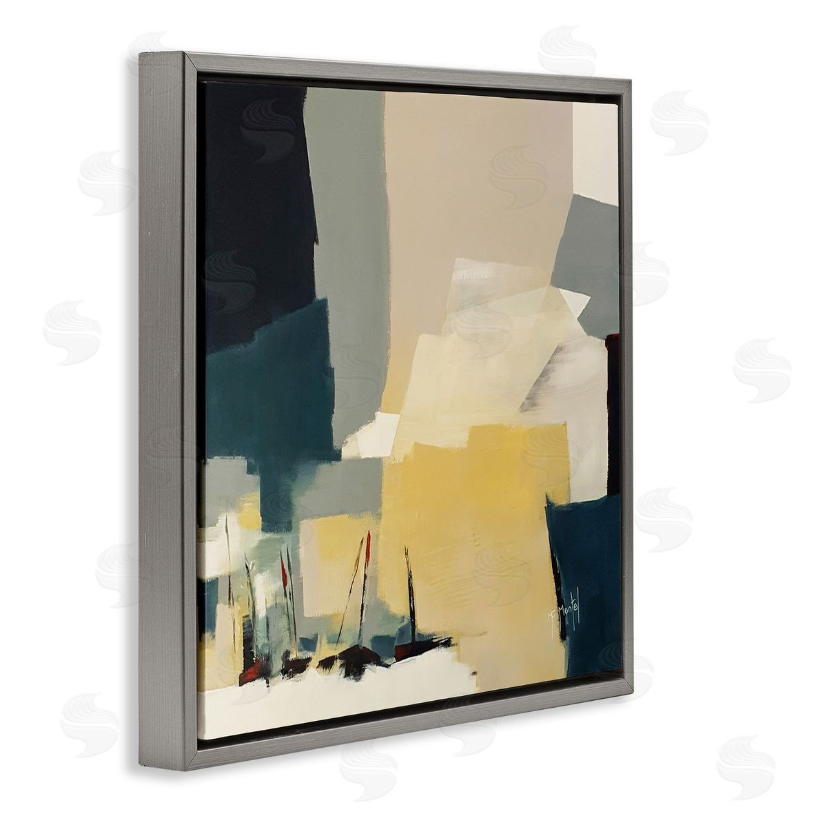 Fanou Montel Chaotic After Storm Inspired Abstraction Blue Yellow Gray Floating Frame Canvas Wall Art Print