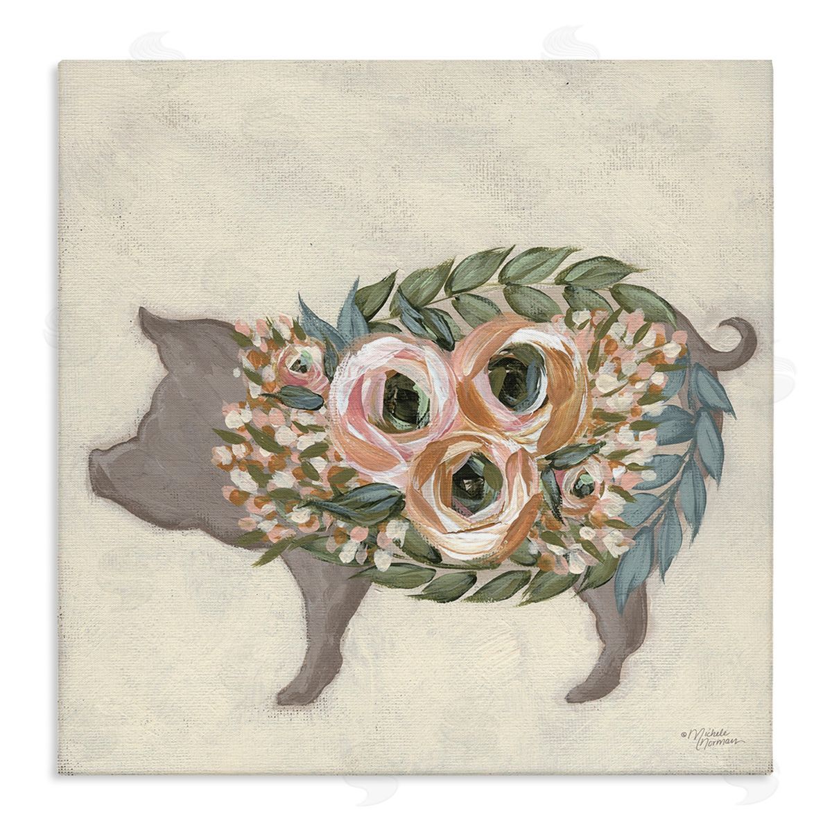 Michele Norman Charming Farm Pig Green Pink Floral Body Stretched Canvas Wall Art Print