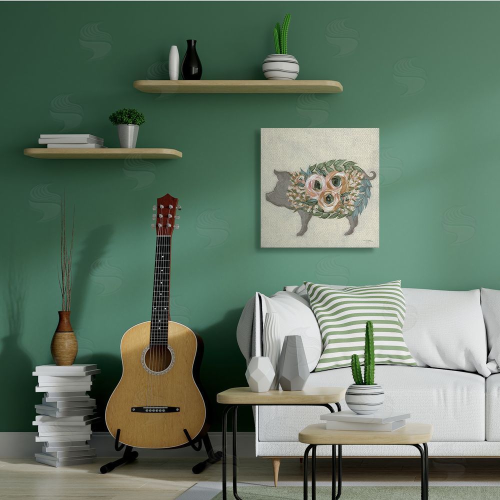 Michele Norman Charming Farm Pig Green Pink Floral Body Canvas Wall Art in Room