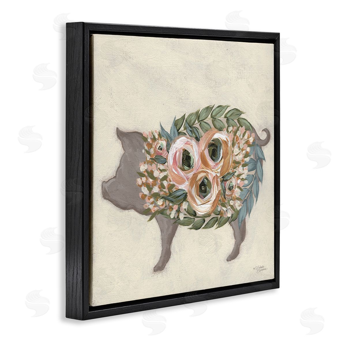 Michele Norman Charming Farm Pig Green Pink Floral Body Black Floating Frame Canvas Wall Art Print