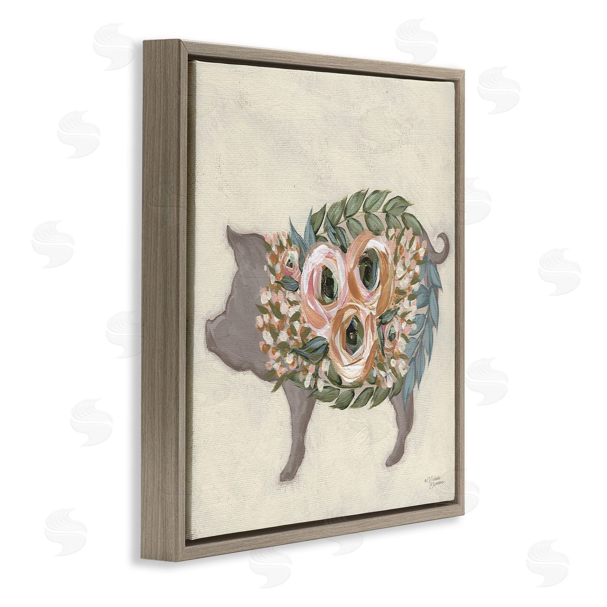Michele Norman Charming Farm Pig Green Pink Floral Body Brown Floating Frame Canvas Wall Art Print