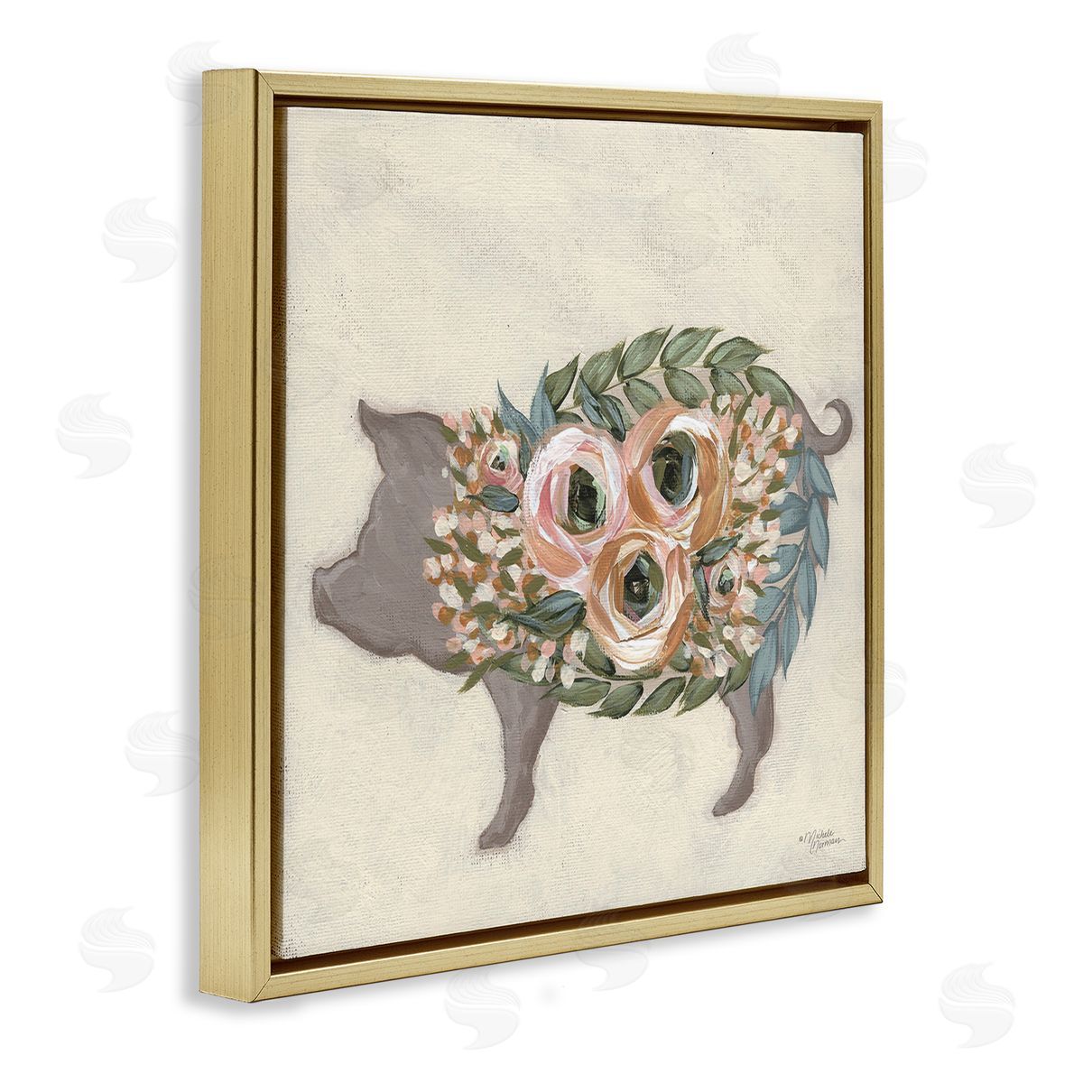 Michele Norman Charming Farm Pig Green Pink Floral Body Gold Floating Frame Canvas Wall Art Print