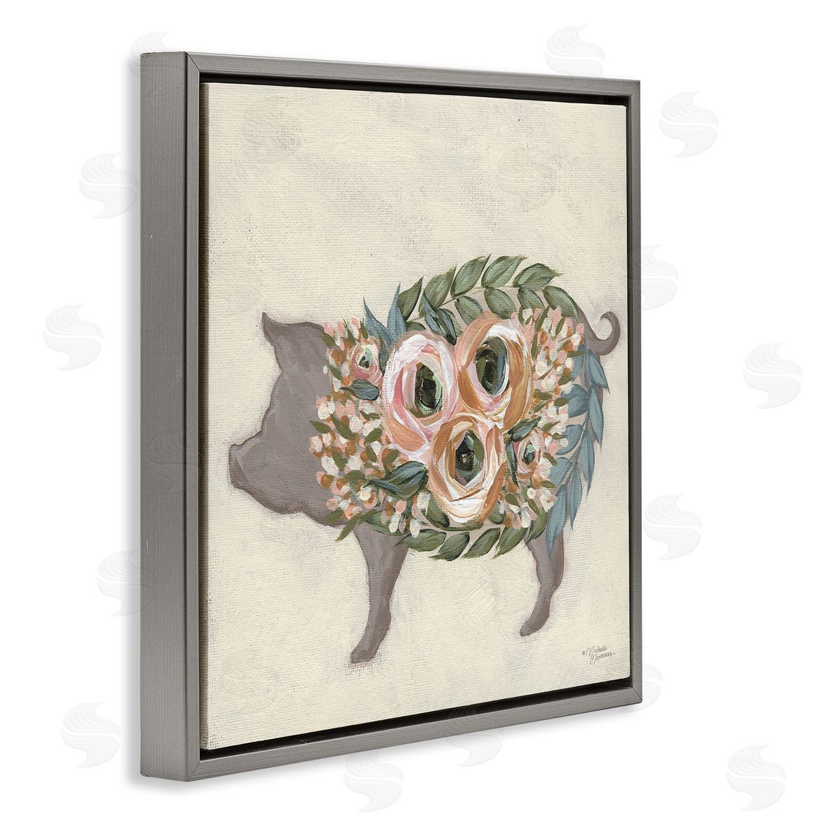 Michele Norman Charming Farm Pig Green Pink Floral Body Gray Floating Frame Canvas Wall Art Print