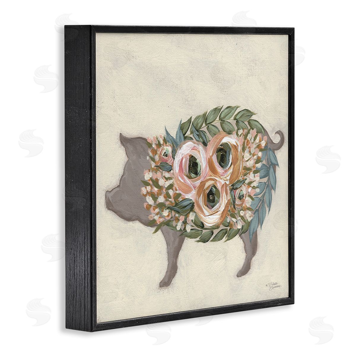 Michele Norman Charming Farm Pig Green Pink Floral Body Black Framed Glicee Wall Art Print