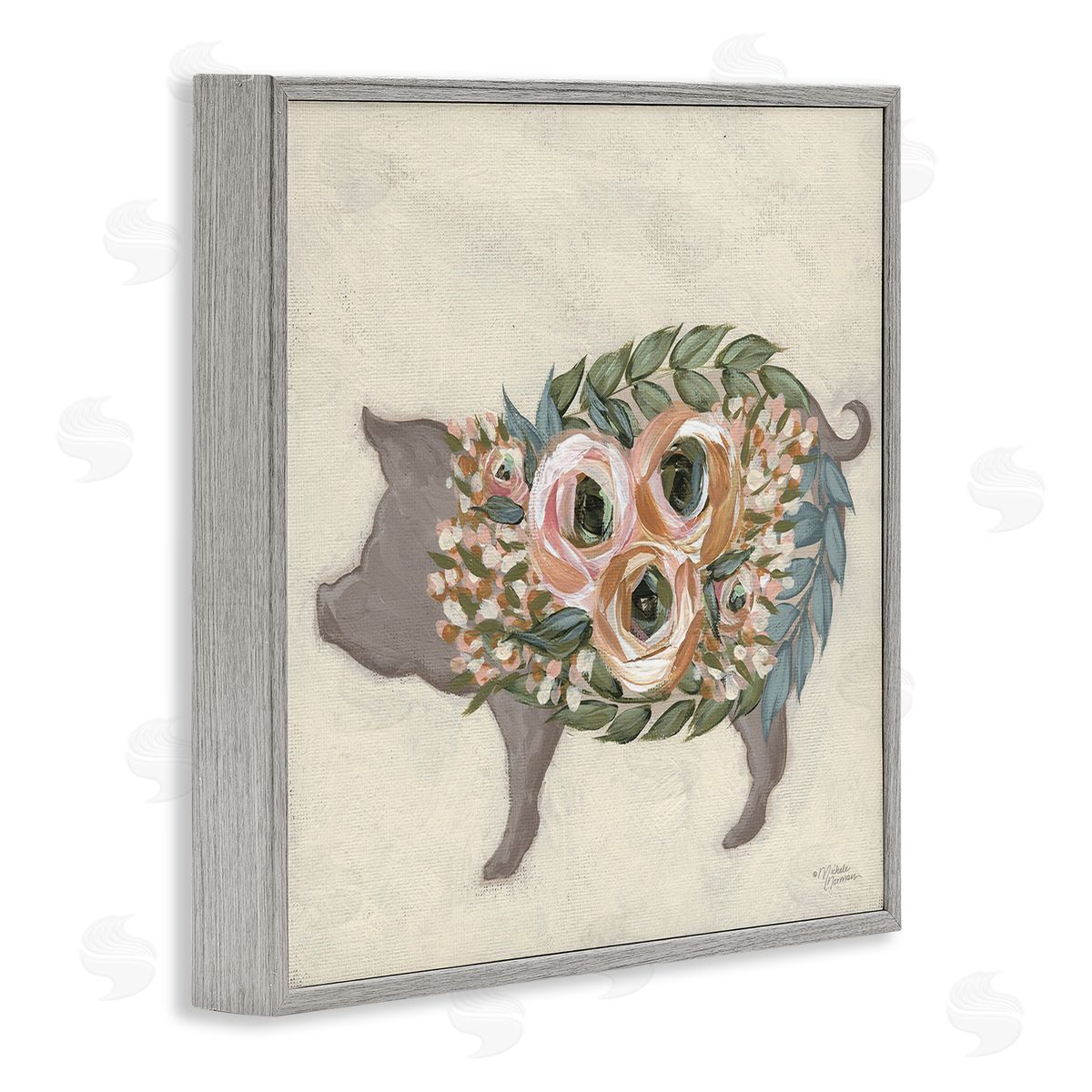Michele Norman Charming Farm Pig Green Pink Floral Body Gray Framed Glicee Wall Art Print