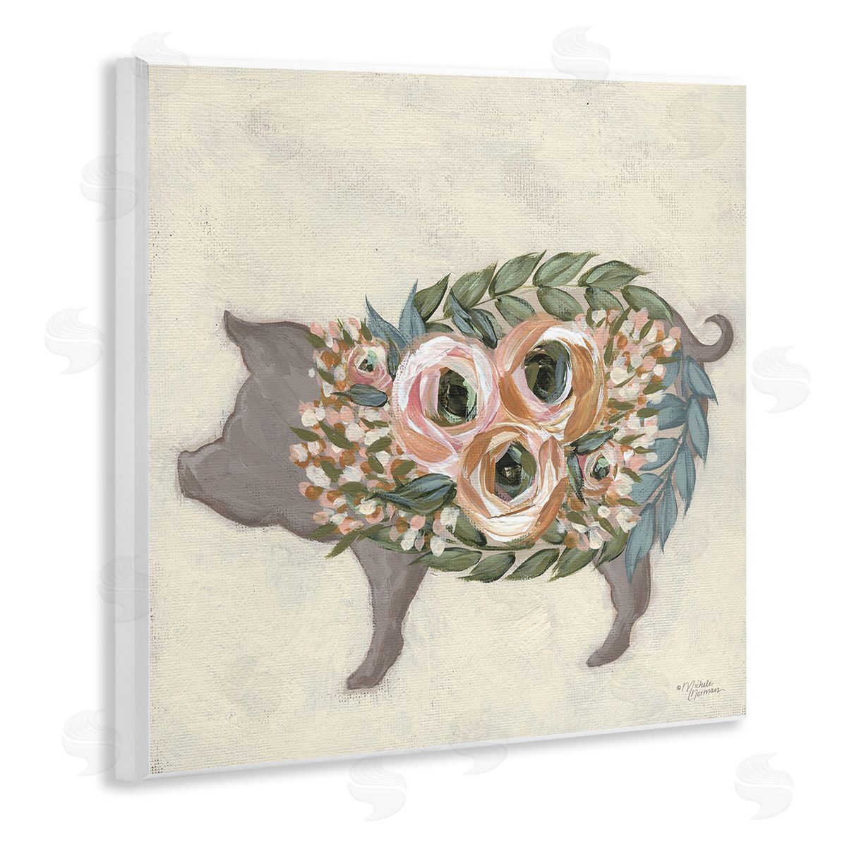 Michele Norman Charming Farm Pig Green Pink Floral Body Wooden Wall Plaque Art Print
