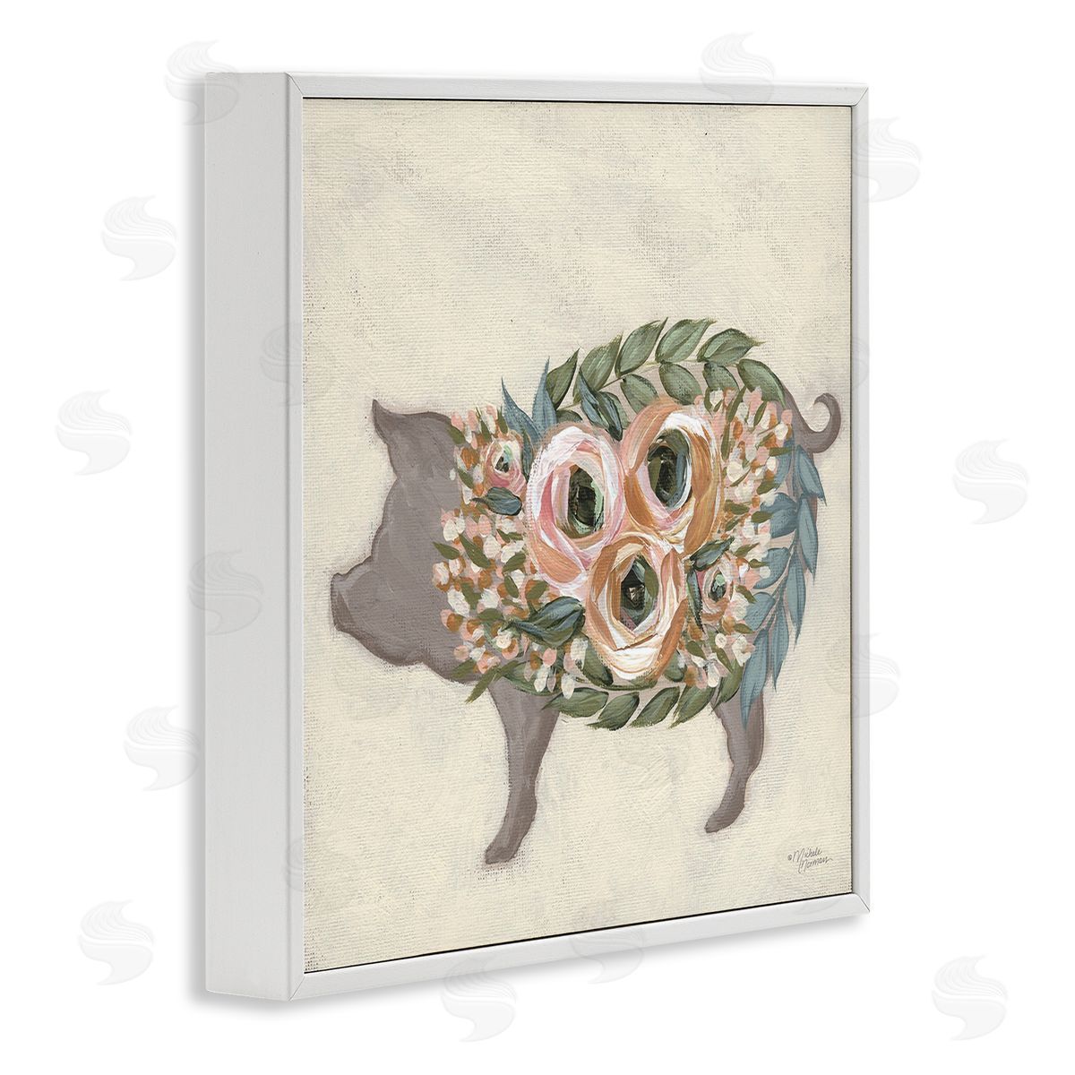 Michele Norman Charming Farm Pig Green Pink Floral Body White Framed Glicee Wall Art Print