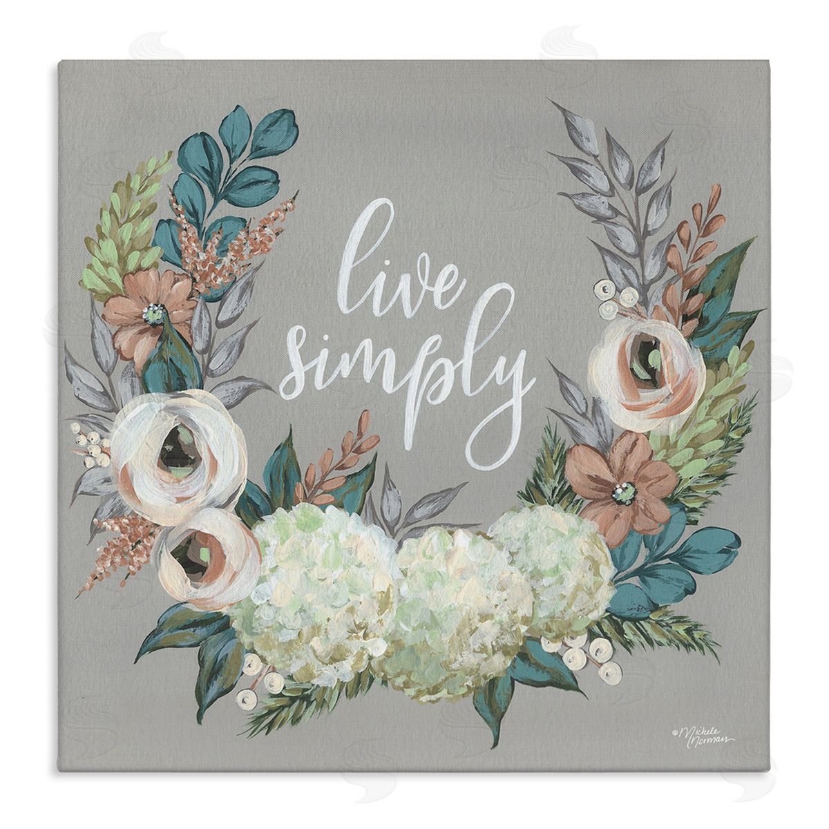Michele Norman Live Simply Sentiment Blooming Flower Wreath Stretched Canvas Wall Art Print
