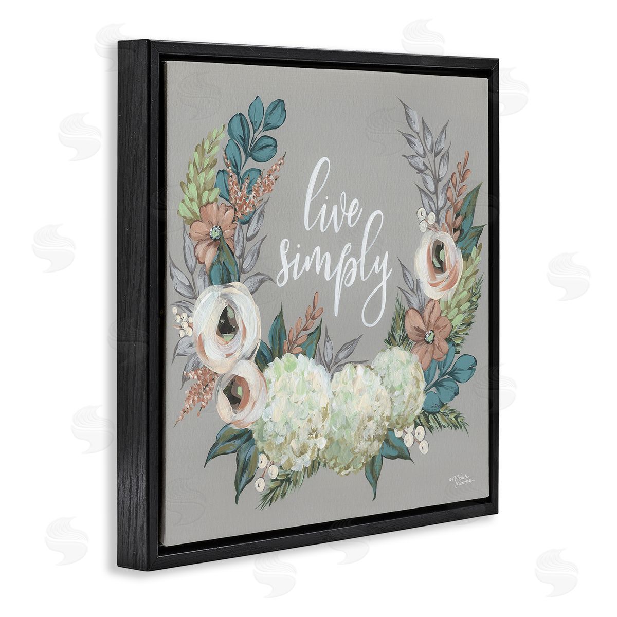 Michele Norman Live Simply Sentiment Blooming Flower Wreath Black Floating Frame Canvas Wall Art Print