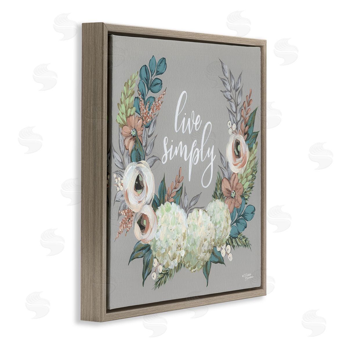 Michele Norman Live Simply Sentiment Blooming Flower Wreath Brown Floating Frame Canvas Wall Art Print