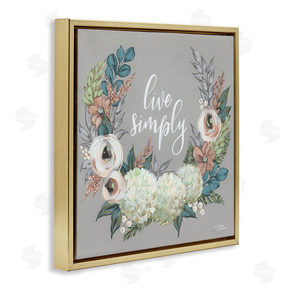 Michele Norman Live Simply Sentiment Blooming Flower Wreath Gold Floating Frame Canvas Wall Art Print