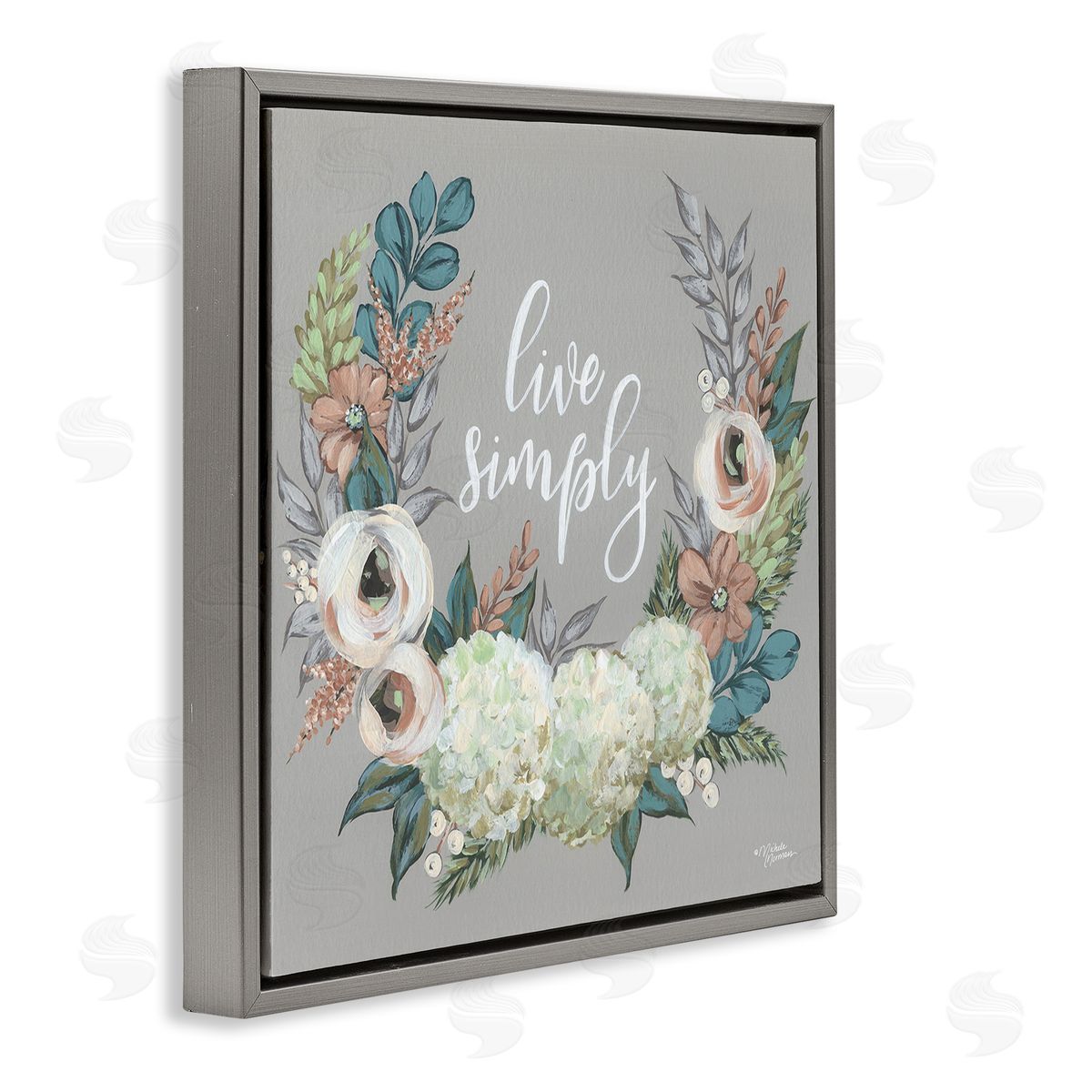 Michele Norman Live Simply Sentiment Blooming Flower Wreath Gray Floating Frame Canvas Wall Art Print