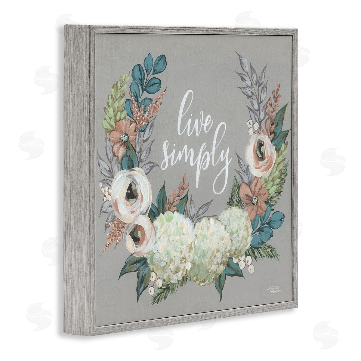 Michele Norman Live Simply Sentiment Blooming Flower Wreath Gray Framed Glicee Wall Art Print