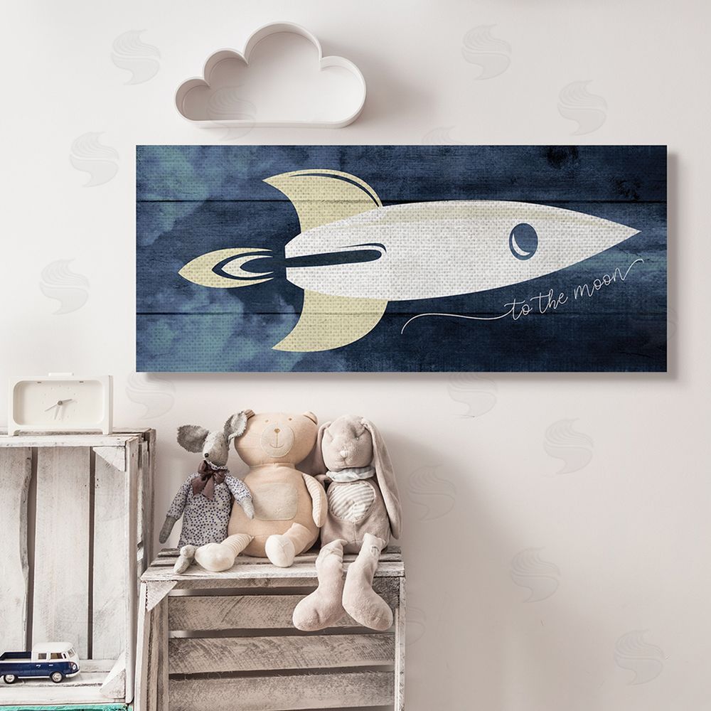 Stupell Studio To The Moon Phrase Rustic Space Ship Blue