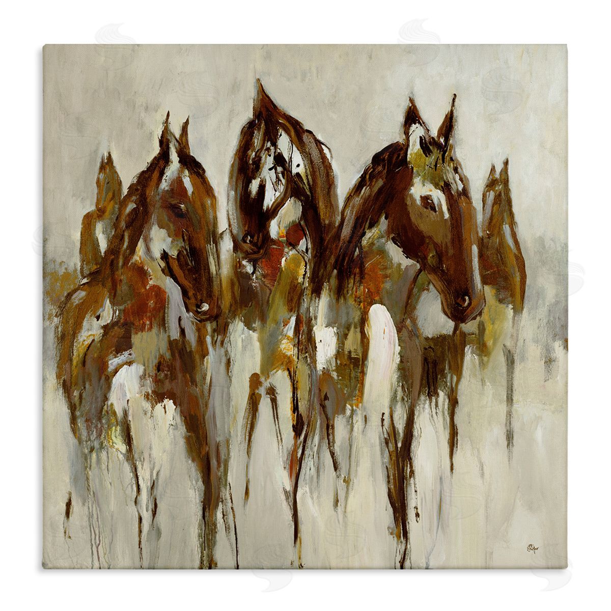 Lisa Ridgers Herd of Horses Galloping Rustic Earth Tones Stretched Canvas Wall Art Print
