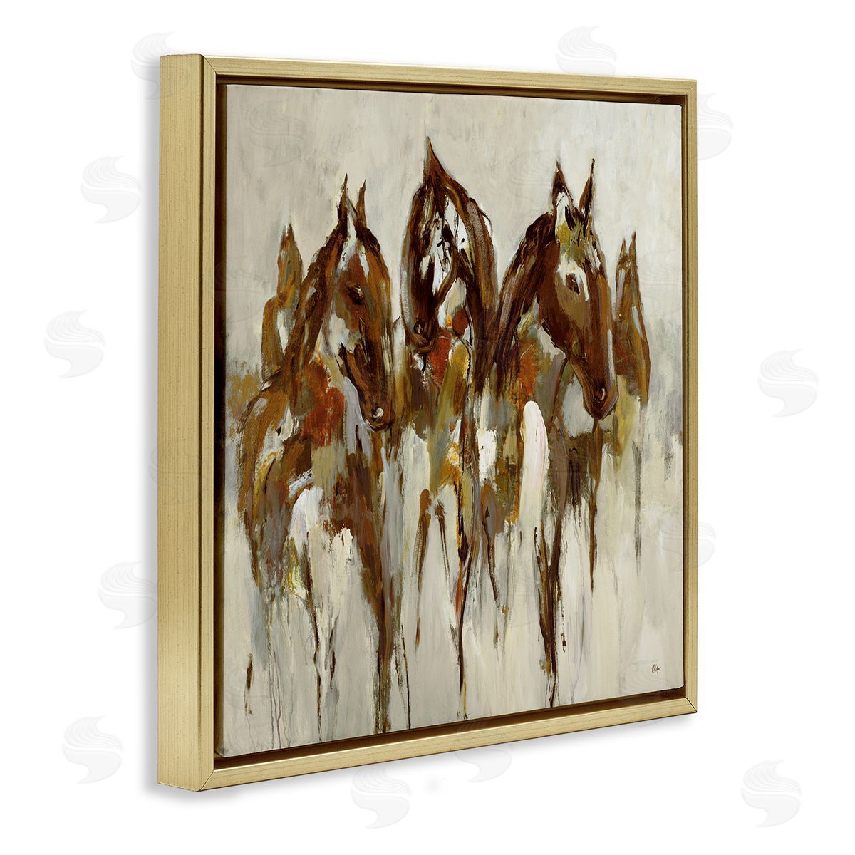 Lisa Ridgers Herd of Horses Galloping Rustic Earth Tones Gold Floating Frame Canvas Wall Art Print
