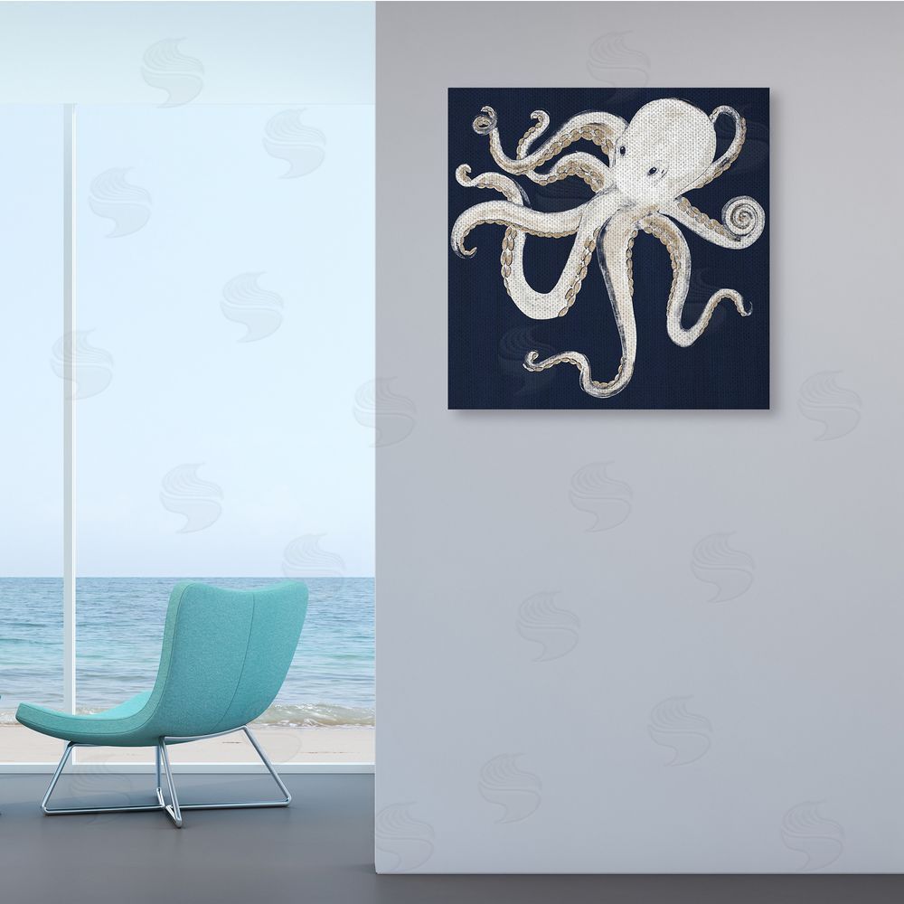 Gina Ritter Whimsical Nautical Octopus Illustration over Navy Blue Canvas Wall Art in Room
