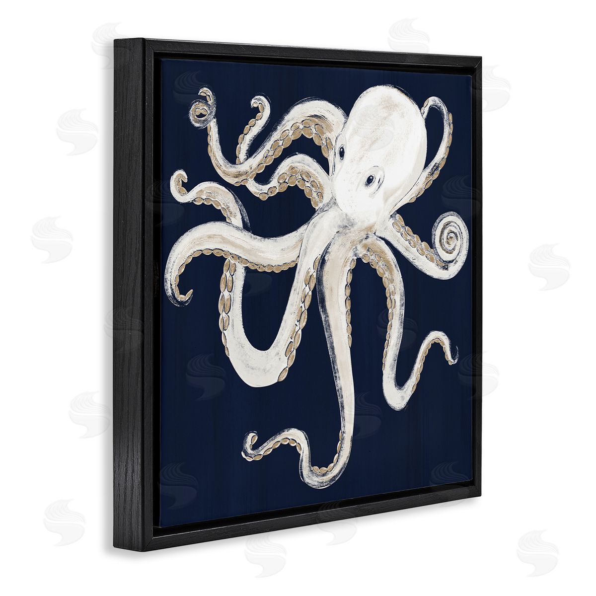 Gina Ritter Whimsical Nautical Octopus Illustration over Navy Blue Black Floating Frame Canvas Wall Art Print