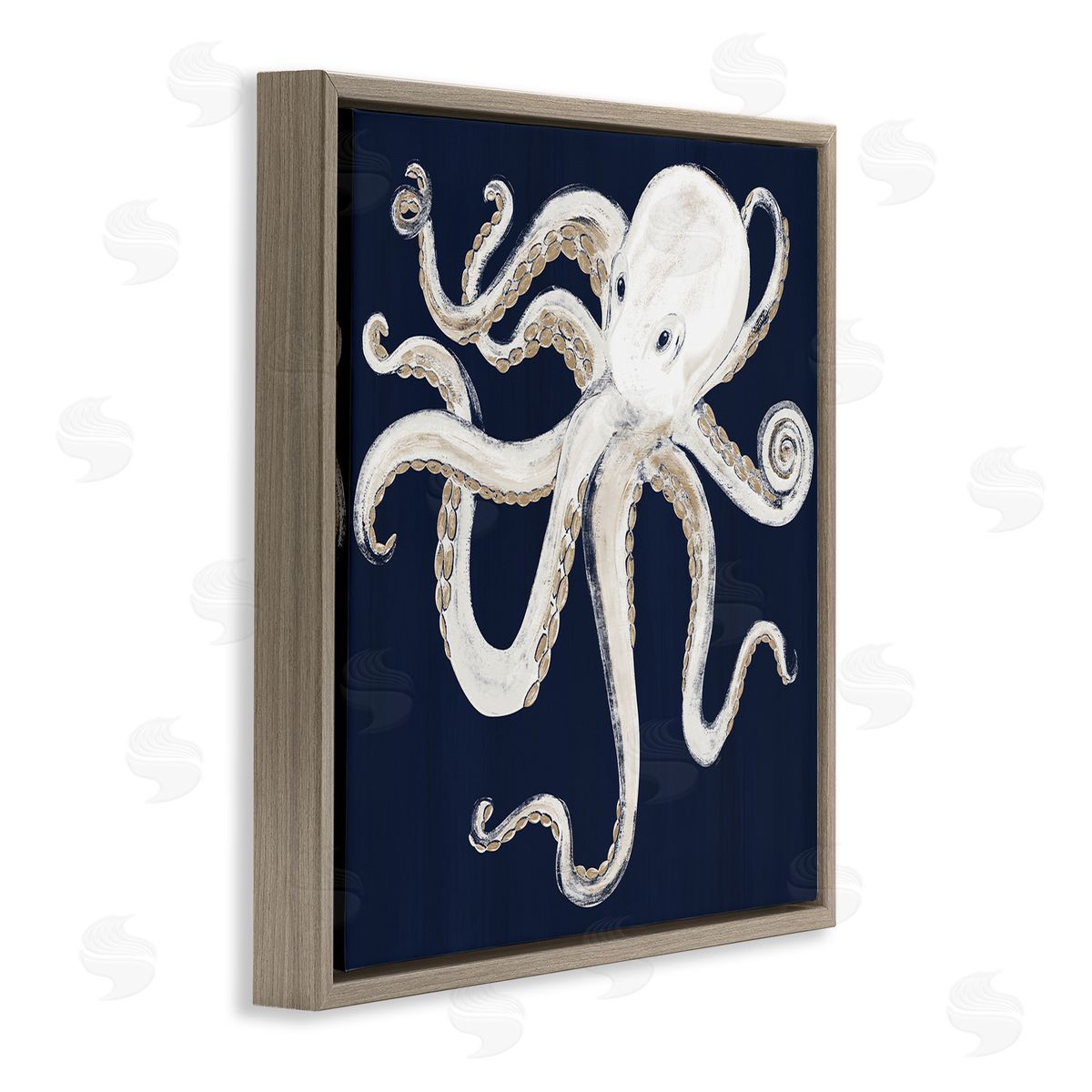 Gina Ritter Whimsical Nautical Octopus Illustration over Navy Blue Brown Floating Frame Canvas Wall Art Print