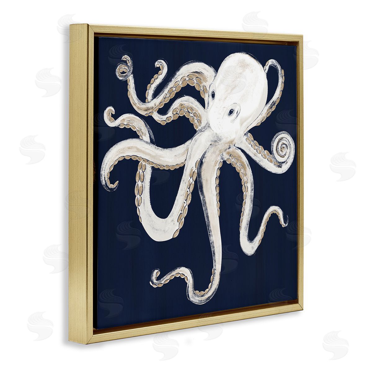 Gina Ritter Whimsical Nautical Octopus Illustration over Navy Blue Gold Floating Frame Canvas Wall Art Print