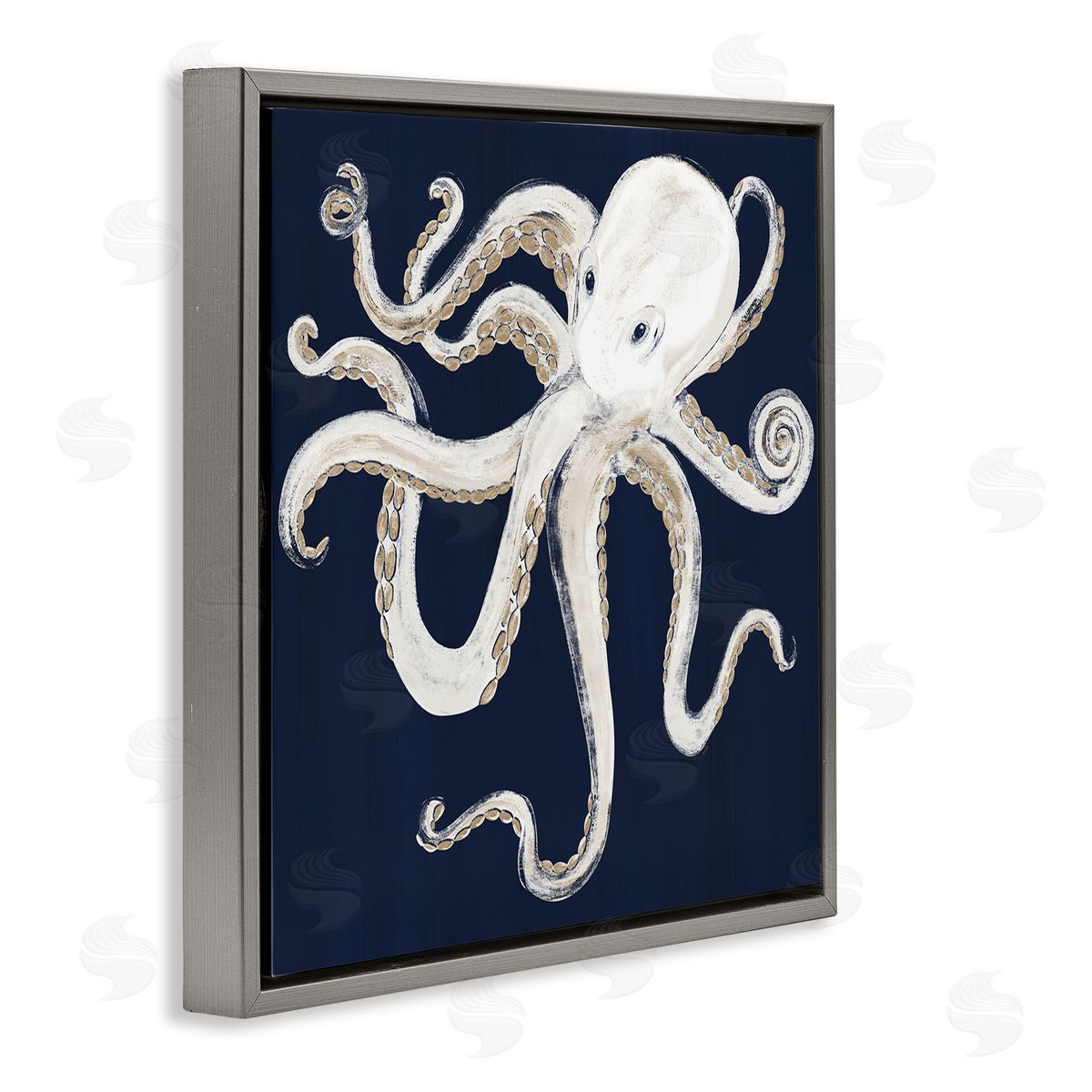 Gina Ritter Whimsical Nautical Octopus Illustration over Navy Blue Gray Floating Frame Canvas Wall Art Print