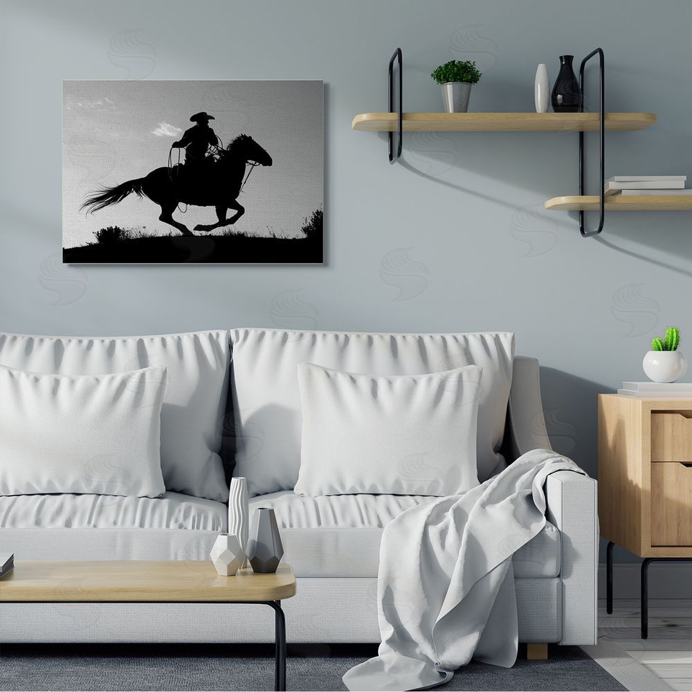 Carol Walker Southwestern Cowboy Silhouette Black White Horse