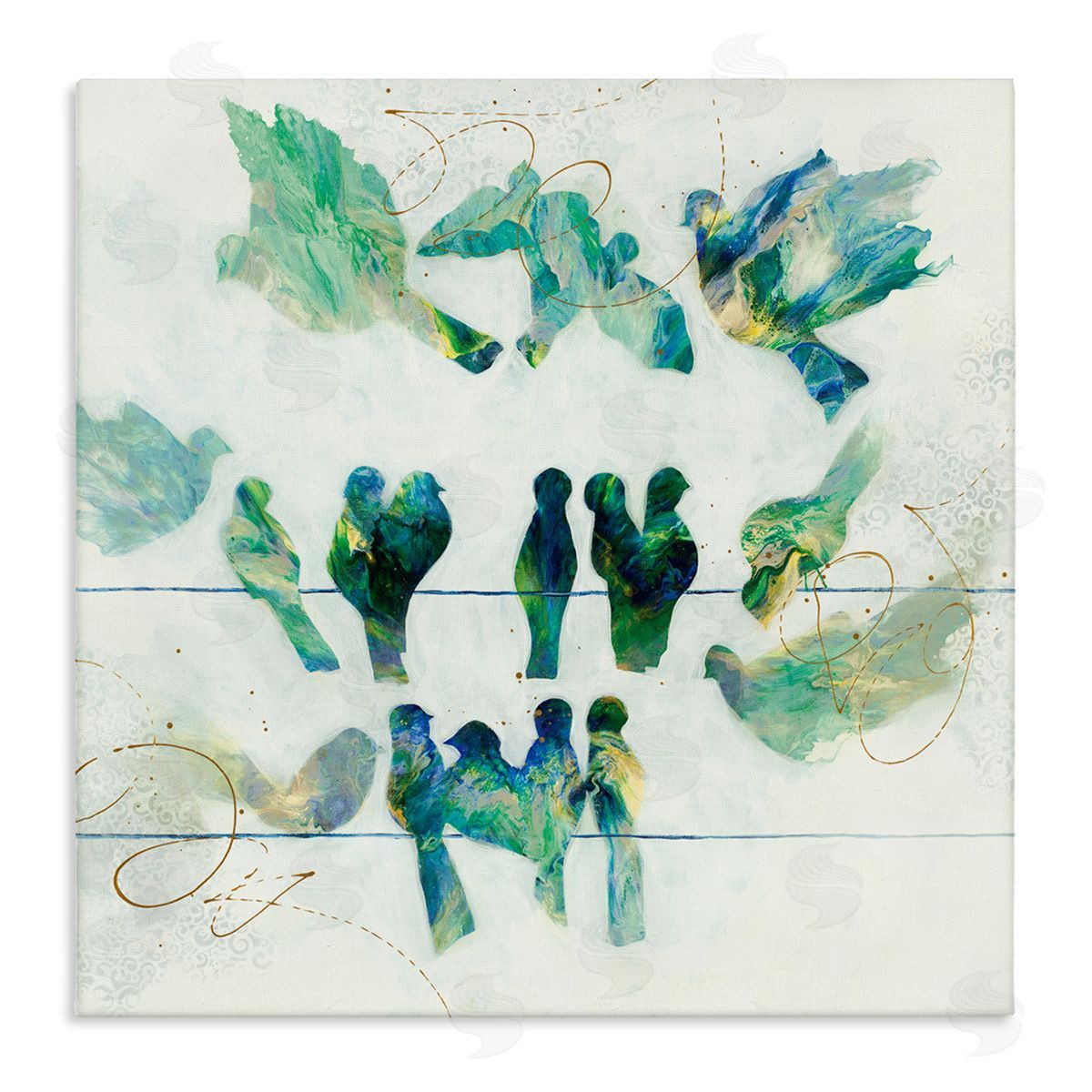 Ruth Fromstein Birds on Clothes Line Swirling Blue Green Pattern Stretched Canvas Wall Art Print